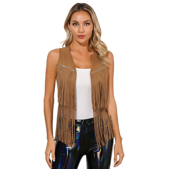 Doomiva Women Tassel Fringe Vest 70s Hippie Faux Suede Rivets Sleeveless Jacket Cardigan Tops Brown XXL