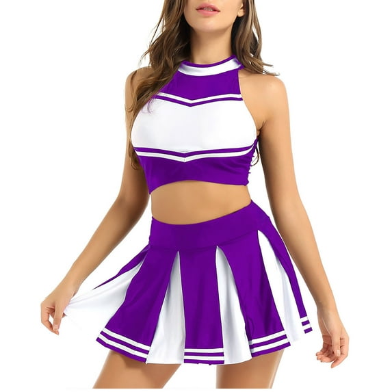 Doomiva Women's Adult Cheerleading Uniform Mini Pleated Skirt Schoolgirl Role Play Outfits Purple XL