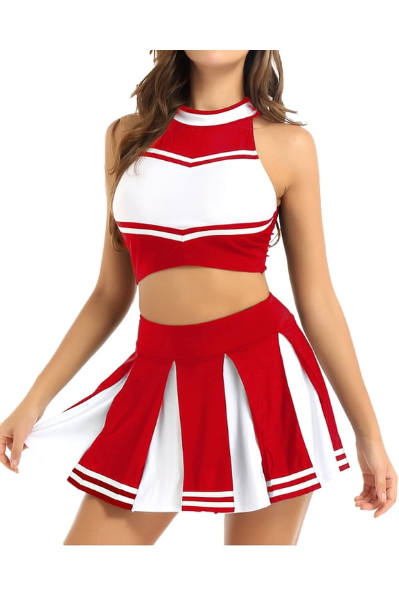 Women's Adult Cheerleading Uniform Mini Pleated Skirt Schoolgirl Role Play Outfits Red M
