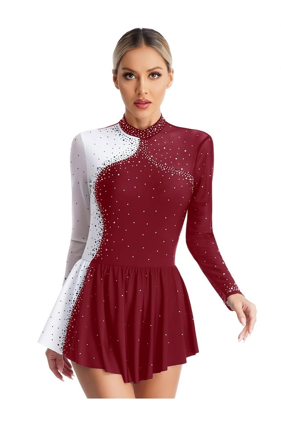 Women's Adult Figure Ice Skating Dress Long Sleeves Rhinestones Gymnastics Leotard Activewear Burgundy S