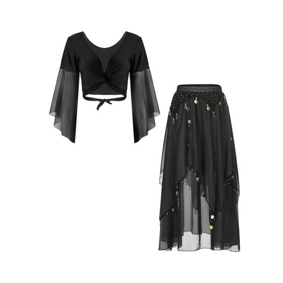 Doomiva Women's Belly Dance Dress Set Belly Tulle Flare Sleeve Crop Top with Chiffon Dance Skirt Black One Size