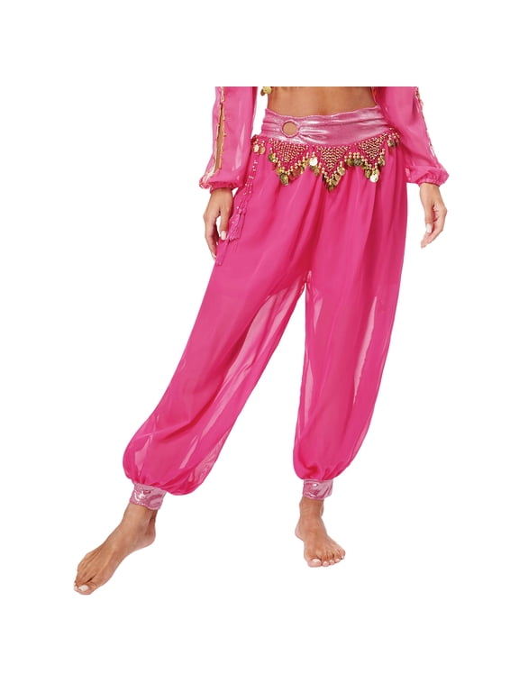 Women's Belly Dance Harem Pants Shiny Sequin Tassel Bloomers Trouser Arabic Performance Side Hot Pink One Size