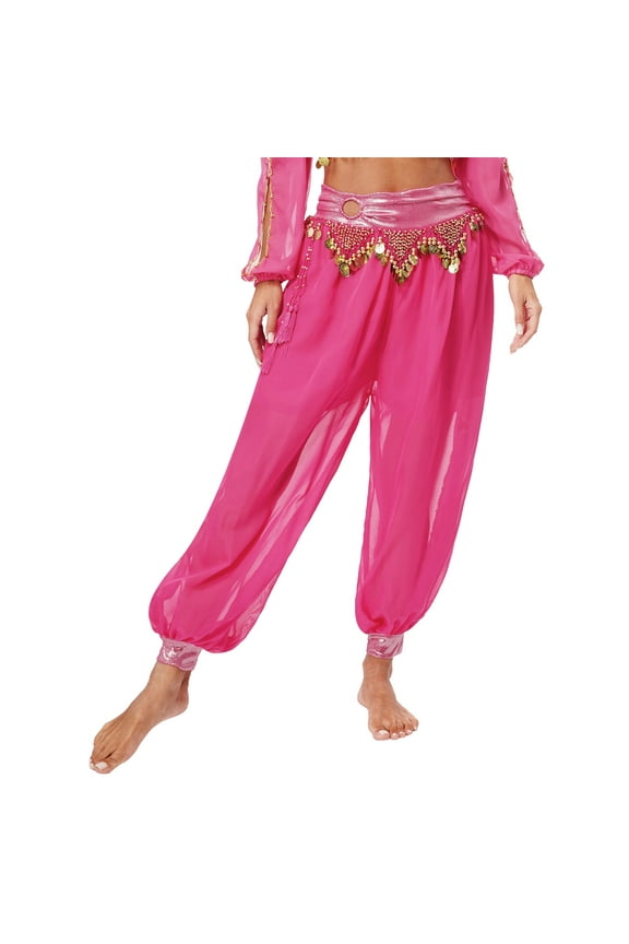 Women's Belly Dance Harem Pants Shiny Sequin Tassel Bloomers Trouser Arabic Performance Side Hot Pink One Size
