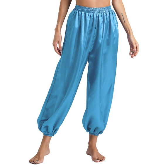 Doomiva Women's Belly Dance Harem Pants Shiny Sequin Tassel Trouser Arabic Halloween Loose Pants Bloomers Sky Blue M
