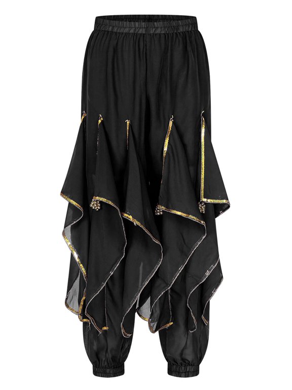 Women's Belly Dance Pants Tribal Baggy Arabic Halloween Bollywood Ruffle Dance Harem Pants Black One Size