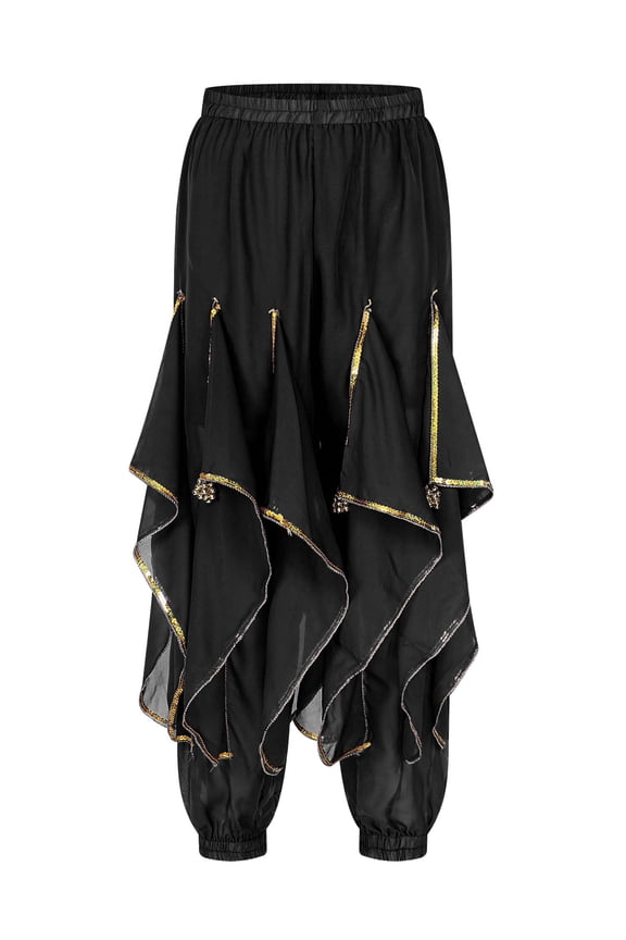 Women's Belly Dance Pants Tribal Baggy Arabic Halloween Bollywood Ruffle Dance Harem Pants Black One Size