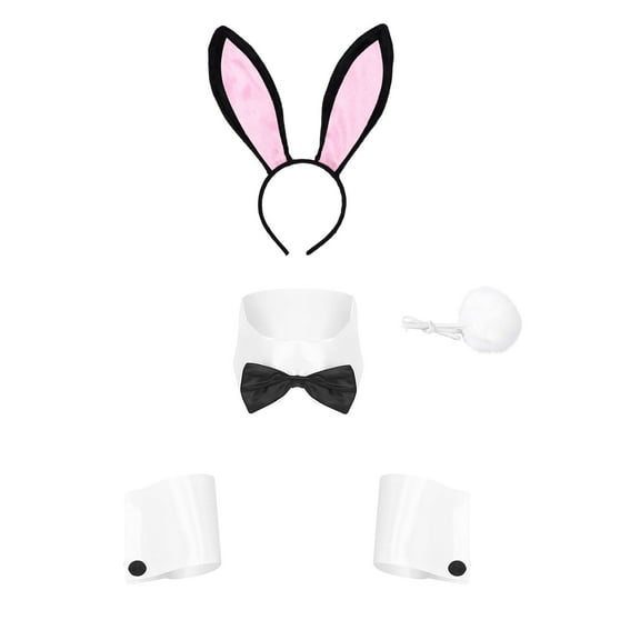 Doomiva Women's Bunny Cosplay Set Rabbit Ears Headband Bow Tie Collar Cuffs Rabbit Tail Cosplay Party Halloween Easter Clothing Props Black&Pink&White One Size