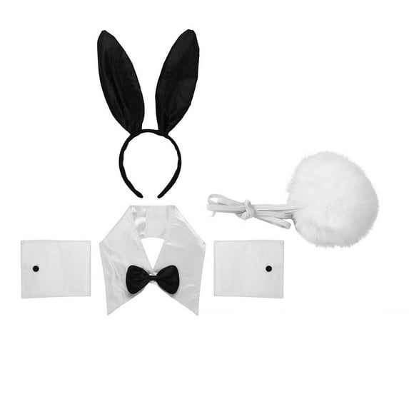 Doomiva Women's Bunny Cosplay Set Rabbit Ears Headband Bow Tie Collar Cuffs Rabbit Tail Cosplay Party Halloween Easter Clothing Props White Black One Size