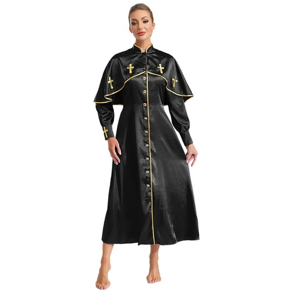 Doomiva Women's Church Choir Robe Long Sleeve Button A-line Long Maxi Dress Black 3XL
