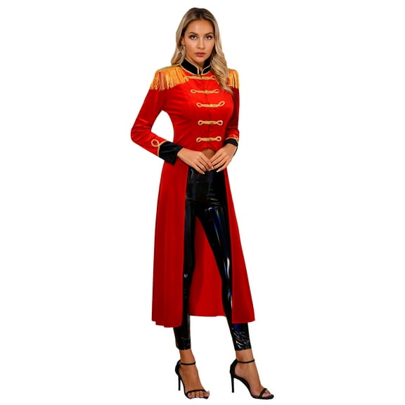 Doomiva Women's Circus Ringleader Costume Velvet Long Tailcoat Fringed Fun Shack Cosplay Costume Red S