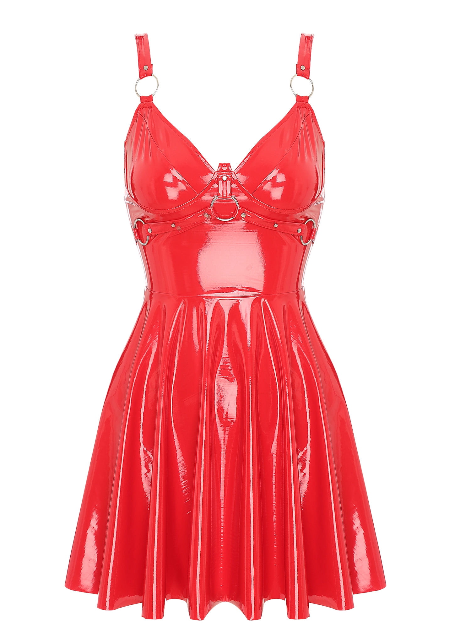 Women Clubwear V Neck Dress PU A-Line Mini Shiny Wet Look Lingerie Short Tight