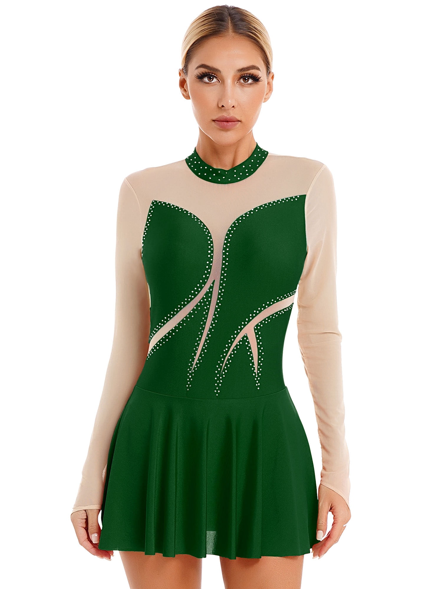 figure skating dresses green Doomiva Women's Ice Dress Long Sleeve Shiny Rhinestones Roller Skating Dancewear XL 8/13 MARKDOWNS