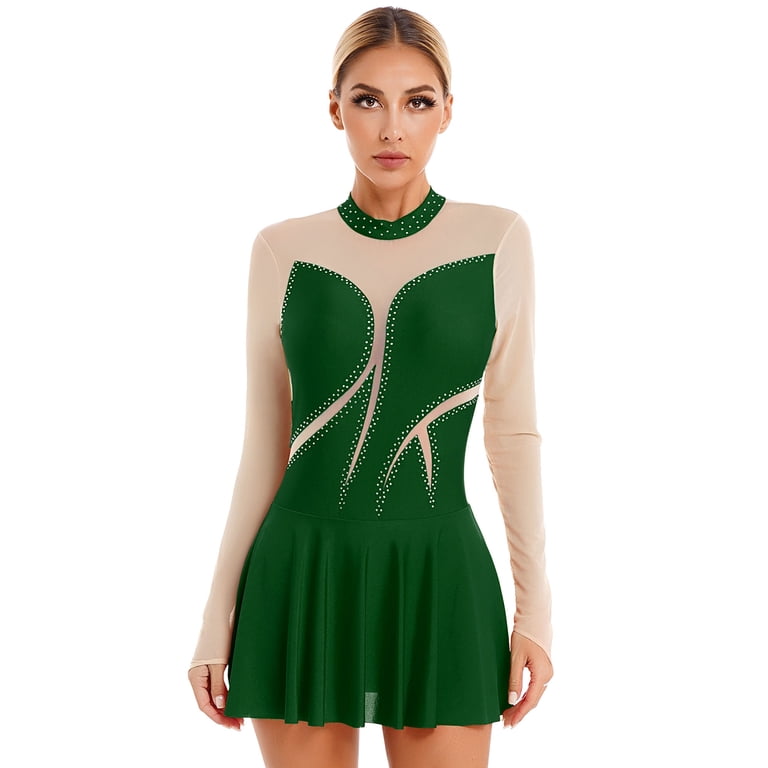green figure skating dresses Doomiva Women's Ice Dress Long Sleeve Shiny Rhinestones Roller Skating Dancewear XL 50off
