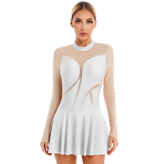 Doomiva Women's Figure Ice Skating Dress Long Sleeve Shiny Rhinestones Roller Skating Dancewear White M