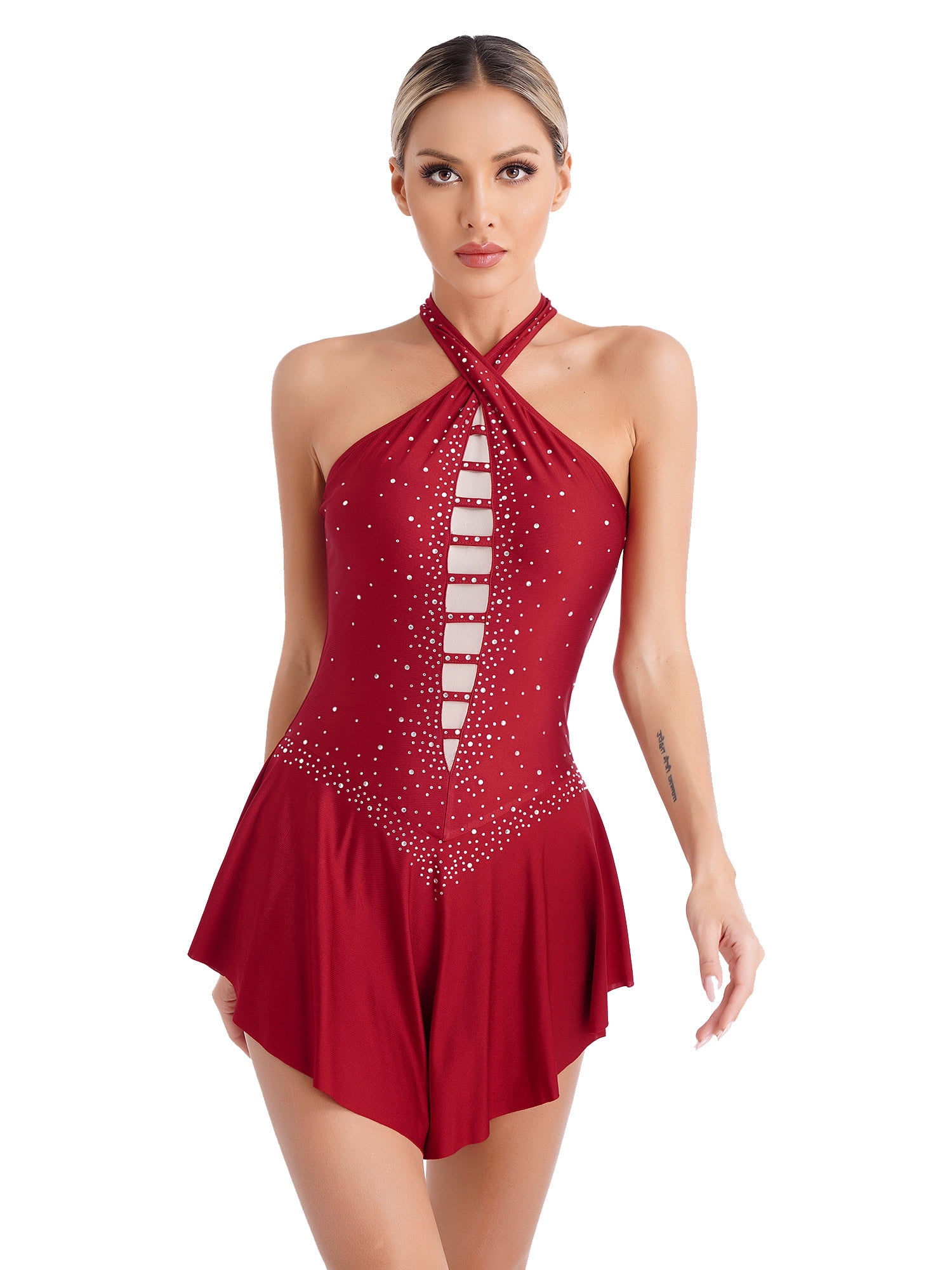 【特別送料無料!】 Doomiva Rhinestone Glittery Dress Skating Figure Women's Clothing