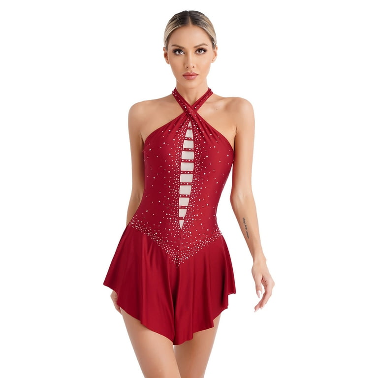 Doomiva Women's Figure Skating Dress Glittery Rhinestone