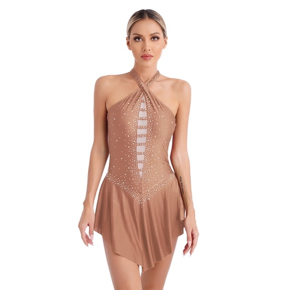 Doomiva Women's Figure Skating Dress Glittery Rhinestone Halter Strappy Back Ballet Leotard Dress Dusty Pink XL