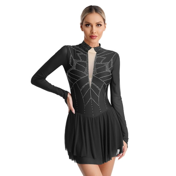 Doomiva Women's Figure Skating Dresses Sheer Mesh Lyrical Dresses Contemporary Dance Dress Black XXL