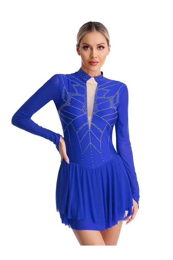 Women's Figure Skating Dresses Sheer Mesh Lyrical Dresses Contemporary Dance Dress Blue M