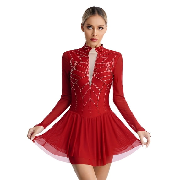 Doomiva Women's Figure Skating Dresses Sheer Mesh Lyrical Dresses Contemporary Dance Dress Burgundy XL