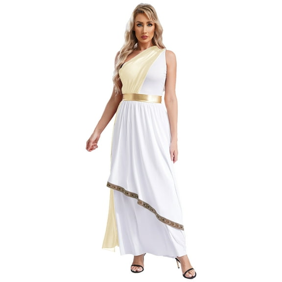Doomiva Women's Greek Toga Dress Costume Roman Empress One Shoulder Tunic Robes for Cosplay Party Champagne S