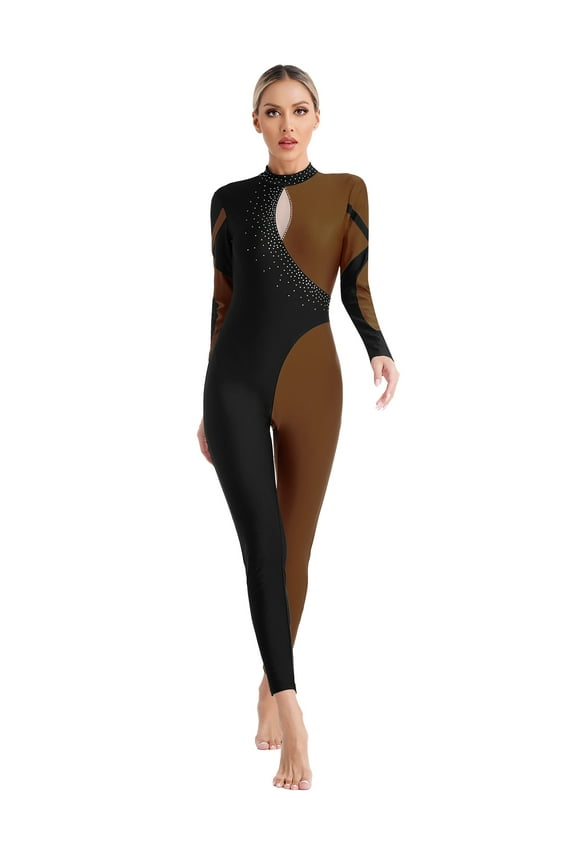 Women's Gymnastics Leotard Rhinestone Long Sleeve Jumpsuit Full Body One Piece Dancewear Brown S