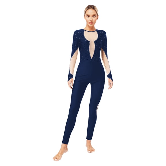 Doomiva Women's Gymnastics Leotard Rhinestone Skating Jumpsuit Full Body Unitard One Piece Dancewear Navy Blue M