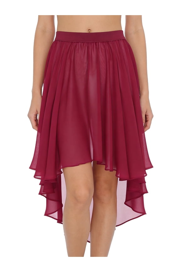 Women's High Low Chiffon Dance Skirts Lyrical Ballet Latin Jazz Modern Dancewear Burgundy S