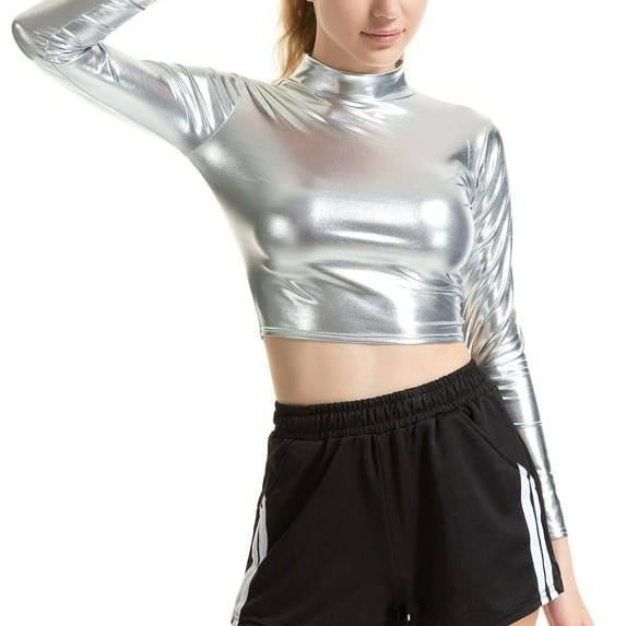 Doomiva Women's Holographic Crop Top Stretch Long Sleeve Glossy Metallic Clubwear Dancewear Silver S