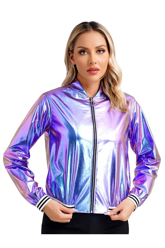 Women's Holographic Jacket Long Sleeve Zipper Shiny Sparkly Bomber Jackets Outerwear Blue XXL