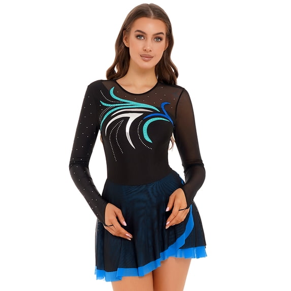 Doomiva Women's Ice Skating Dress Sheer Mesh Lyrical Dance Performance Competition Dancewear Blue Green L