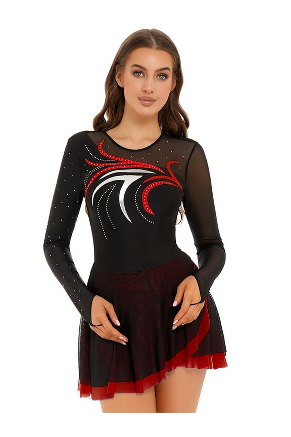Women's Ice Skating Dress Sheer Mesh Lyrical Dance Performance Competition Dancewear Red S
