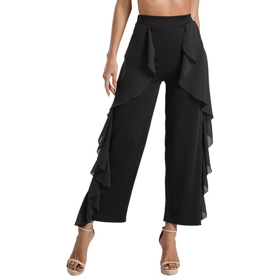 Doomiva Women's Latin Dance Pants Tango Salsa Samba Dance Pantskirt Flowy Trousers Belly Dance Pants Black M
