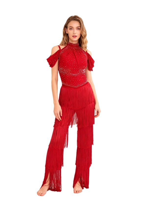 Women's Latin Dance Sleeveless Rhinestones Tiered Tassel Rompers for Ballroom Rumba Tango Red XXL