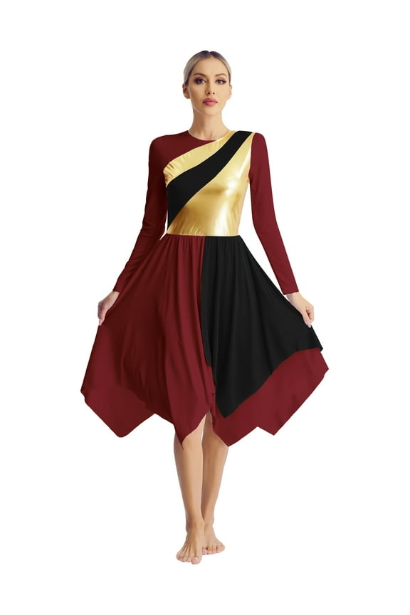 Women's Long Sleeve Asymmetrical Praise Dance Tunic Metallic Color Block Worship Dancewear Black&Burgundy S
