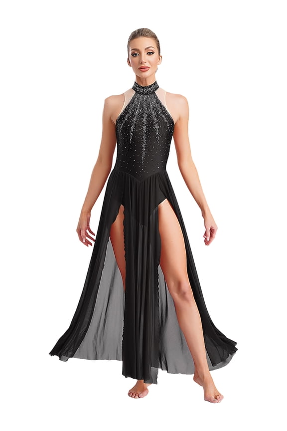 Women's Lyrical Dance Dress Belly Dacne Flowy Split Maxi Dresses Black S