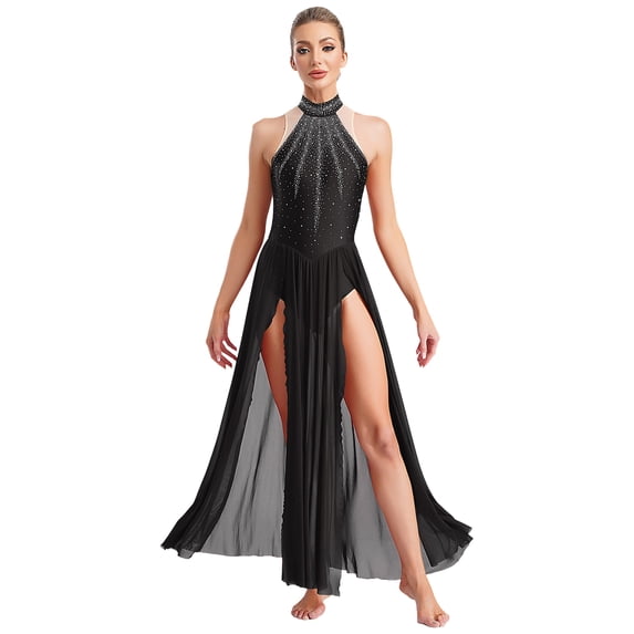Doomiva Women's Lyrical Dance Dress Belly Dacne Flowy Split Maxi Dresses Black XL