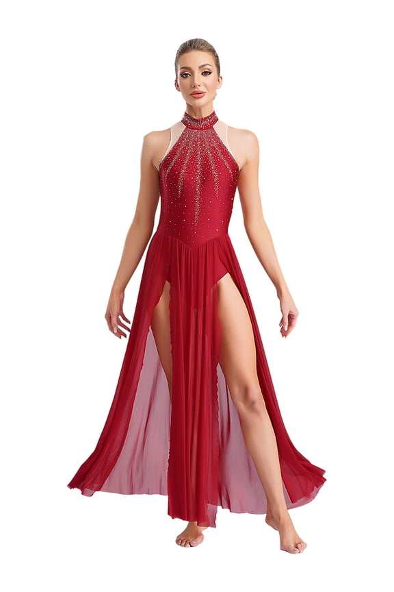 Women's Lyrical Dance Dress Belly Dacne Flowy Split Maxi Dresses Burgundy L