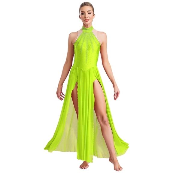 Doomiva Women's Lyrical Dance Dress Belly Dacne Flowy Split Maxi Dresses Fluorescent Green S