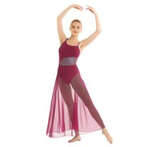Doomiva Women's Lyrical Dance Dress Mesh Split Ballet Modern Dance Costumes Spaghetti Strap Dancewear Burgundy XL