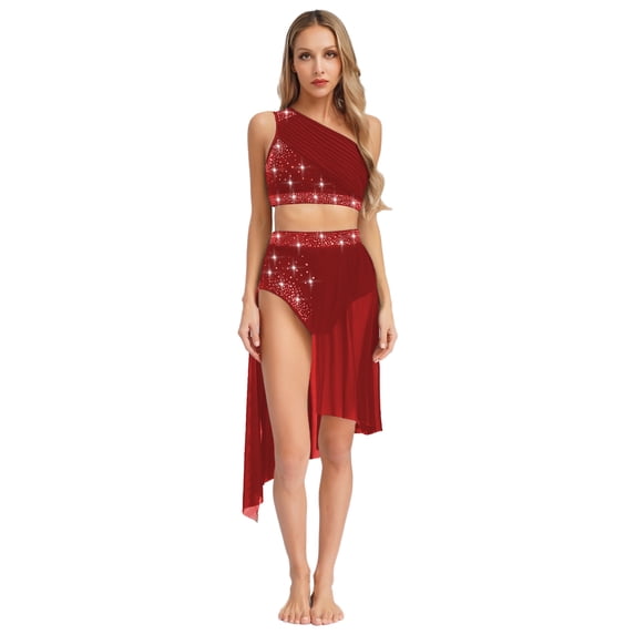 Doomiva Women's Lyrical Dance Dress Rhinestone Crop Top with Skirted Leotard Ballet Dance Outfit Burgundy M