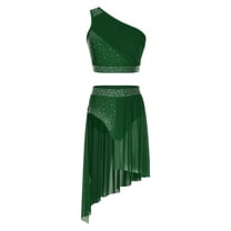 Doomiva Women's Lyrical Dance Dress Rhinestone Crop Top with Skirted Leotard Ballet Dance Outfit Green L
