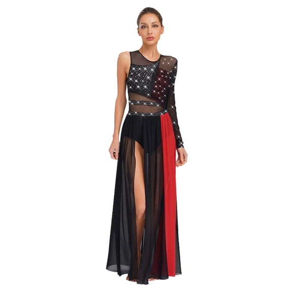 Doomiva Women's Lyrical Dance Dress Shiny Rhinestones Mesh Split Maxi Dresses Contemporary Dancewear Black&Red M