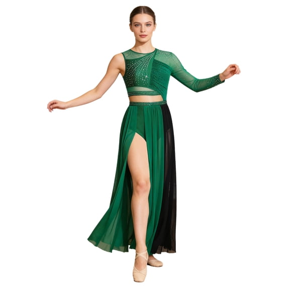Doomiva Women's Lyrical Dance Dress Shiny Rhinestones Mesh Split Maxi Dresses Contemporary Dancewear Green&Black S