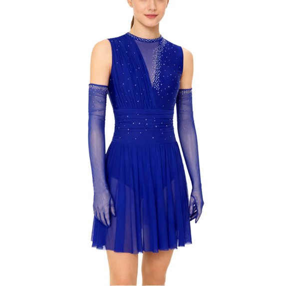 Doomiva Women's Lyrical Dance Dress Sparkly Rhinestone Figure Skating Leotard Dress with Gloves Royal Blue XL