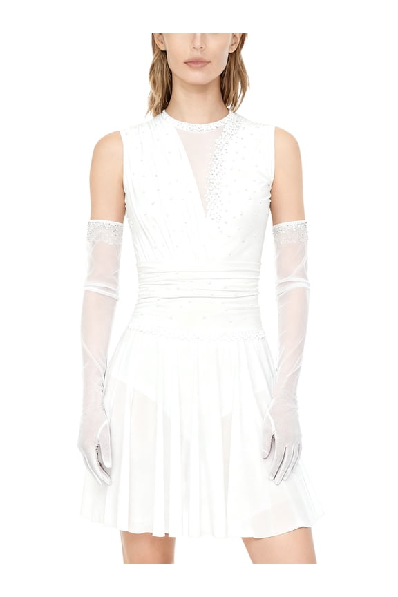 Women's Lyrical Dance Dress Sparkly Rhinestone Figure Skating Leotard Dress with Gloves White XXL