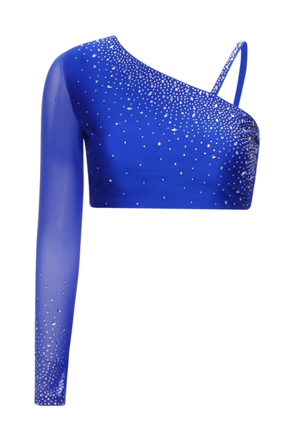 Women's Lyrical Dance Tops Rhinestone Asymmetrical Sleeve Ballet Latin Dance T-Shirt Dancewear Royal Blue S