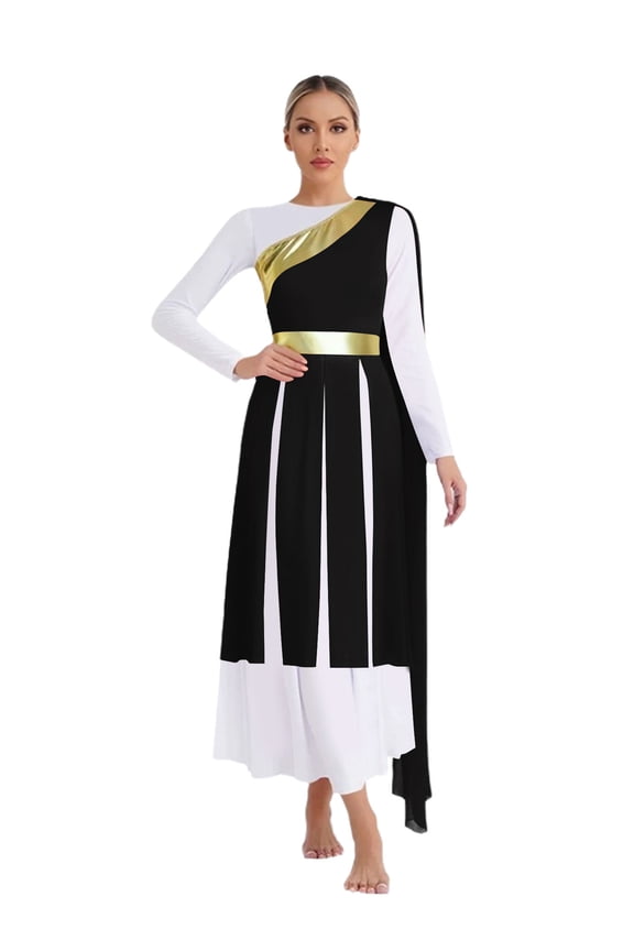 Women's Lyrical Liturgical Worship Praise Dance Dress Metallic One Shoulder Overlays Tunic Dress Dancewear Black S