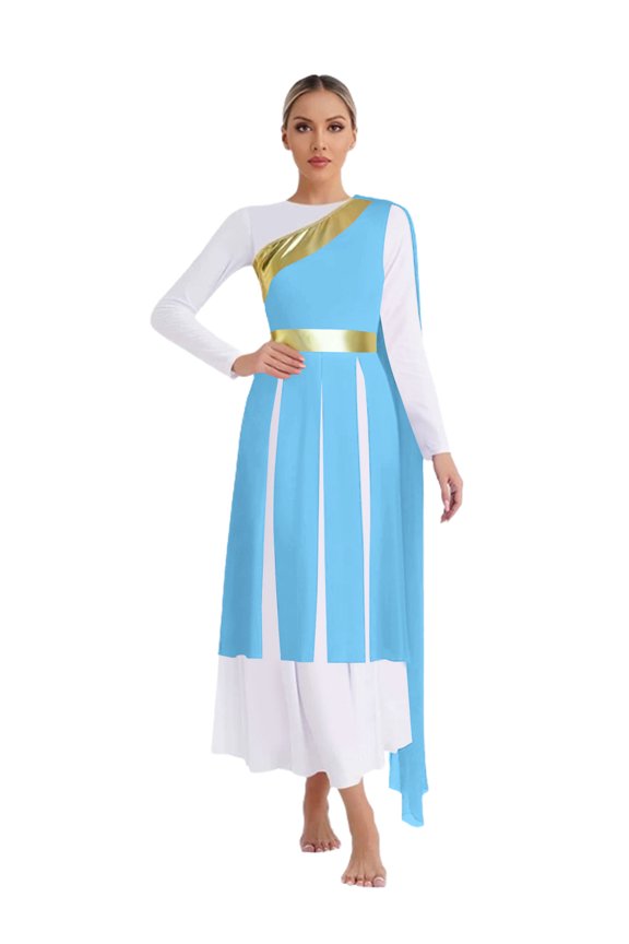 Women's Lyrical Liturgical Worship Praise Dance Dress Metallic One Shoulder Overlays Tunic Dress Dancewear Light Blue S