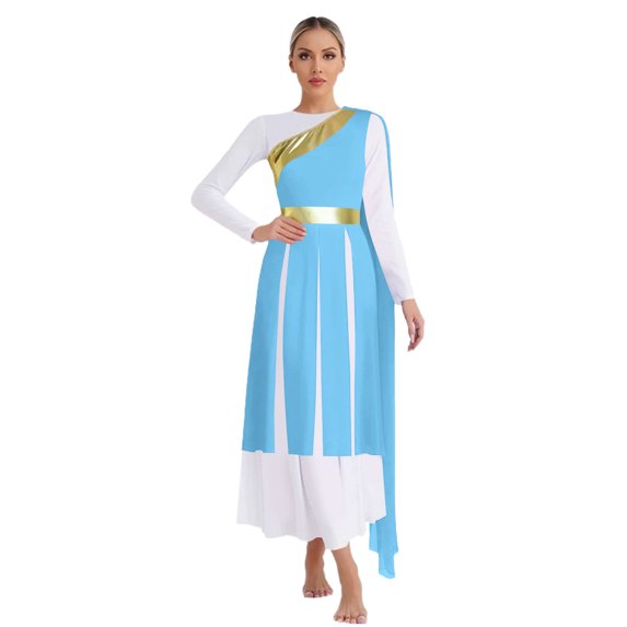 Doomiva Women's Lyrical Liturgical Worship Praise Dance Dress Metallic One Shoulder Overlays Tunic Dress Dancewear Light Blue S
